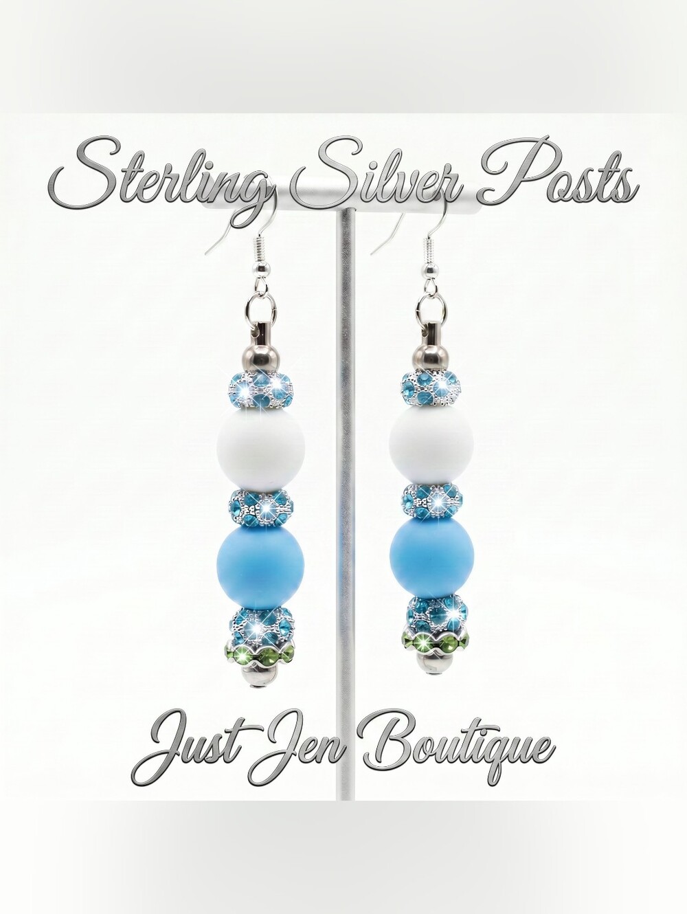 Blue & White Rhinestone Beaded Drop Earrings - 925 Sterling Silver Hook Earrings - Picture 8 of 11